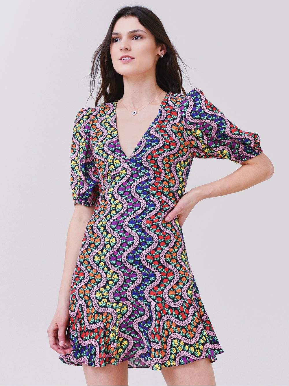 RHODE Multi-Color Floral Wave V-Neck Mini Dress